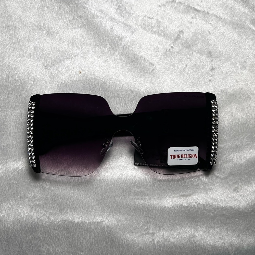 True Religion Women's Black and Purple Rhinestone Oversized Sunglasses
